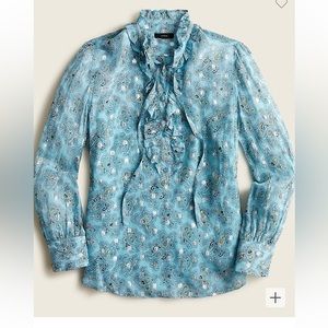 NWT J. Crew Blue Metallic Chiffon Ruffle-Neck Top Shadowy Sea Women’s Size XS